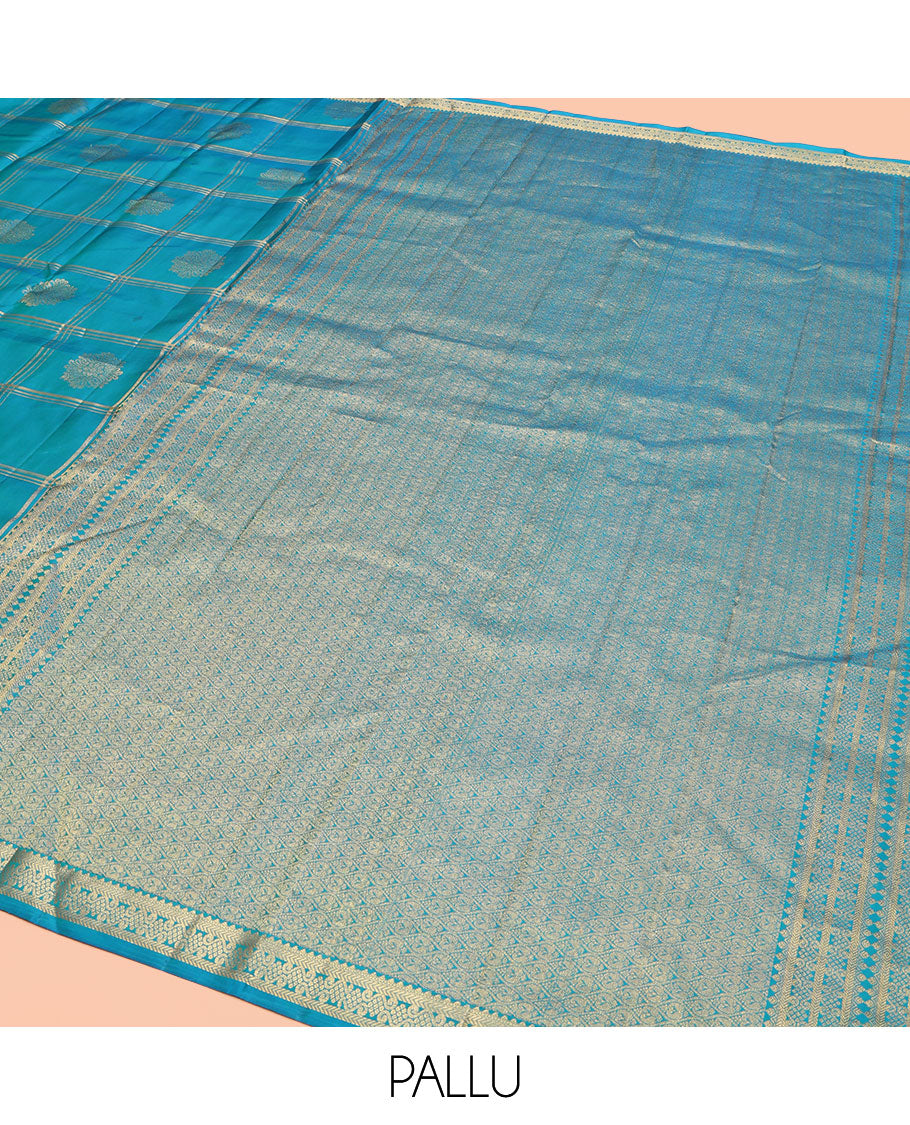 Blue Kanchipuram Silk Saree, Enriched with Zari Butta Enclosed Checked Design All Over Its Body, Subtly Zari-Woven Border, Grand Jaal Design Pallu, and Paired with a Matching Blouse