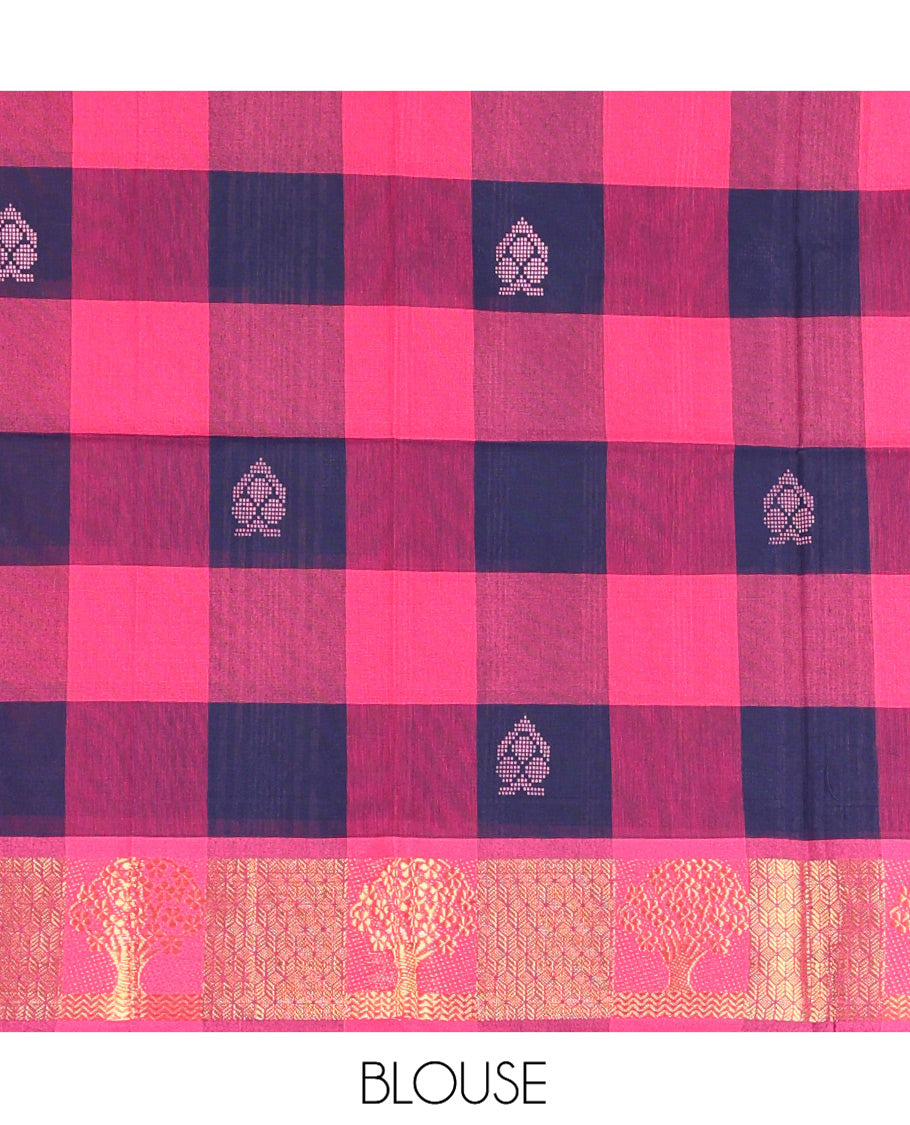 Rani-Navy Chettinad Cotton Half Saree Features Checks and Buttas Skirt, Tree Border, Matching Blouse, Contrast Dhavani