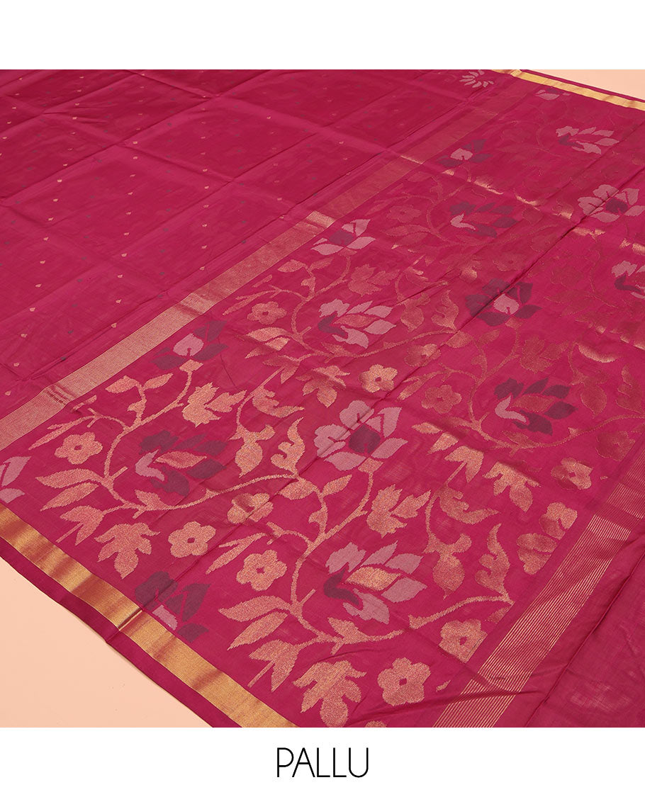 Maroon Uppada Silk Saree, Steeped with Buttas and Jamdani-Style Floral Designs All Over Its Body, Subtle Bavanji Border, Pallu of Jamdani Floral Designs, and Paired with a Matching Blouse
