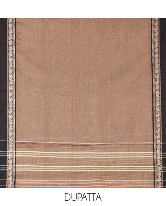 Chikku Mercerised Cotton Material Churidar Set, Subtly Woven Plain with Contrast Traditional Elephant Motif Bordered Top, a Plain Santoon Bottom, and Paired with a Mercerised Cotton Dupatta