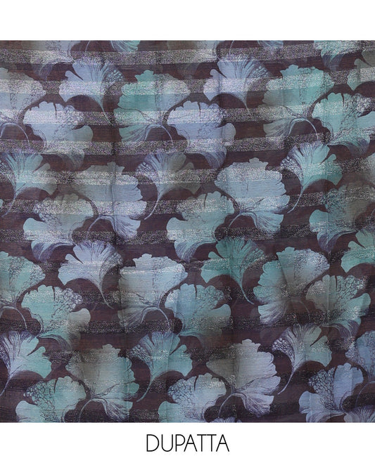 Blue Material Churidar Set, Elevated with Floral Printed Patch Embroidery Vichitra Silk Top, Comes with a Plain Santoon Bottom, and a Floral Printed Shimmer Georgette Dupatta