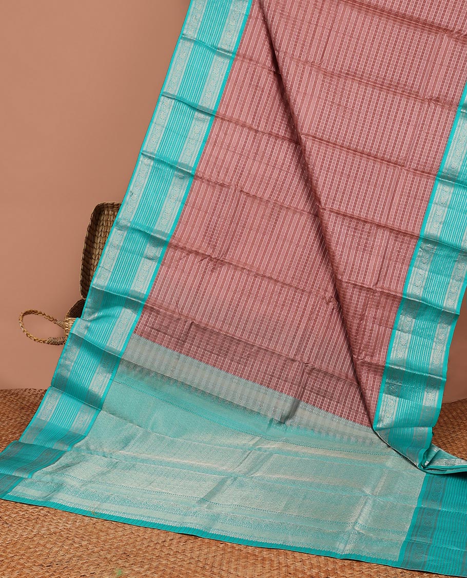 Brown checked silk saree with contrast traditional zari border & striped zari design pallu