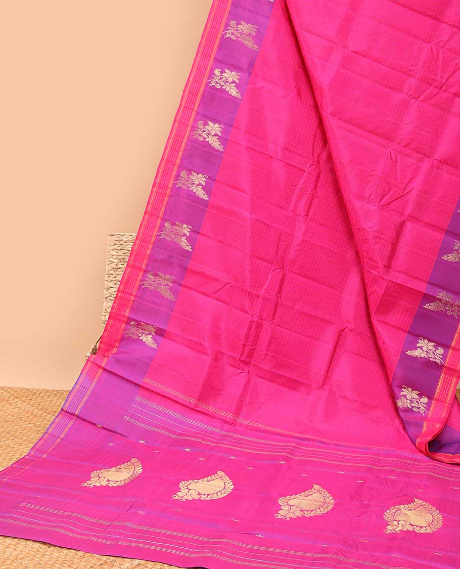 Pink checked kancheepuram silk saree with contrast zari design border & striped ,floral design pallu