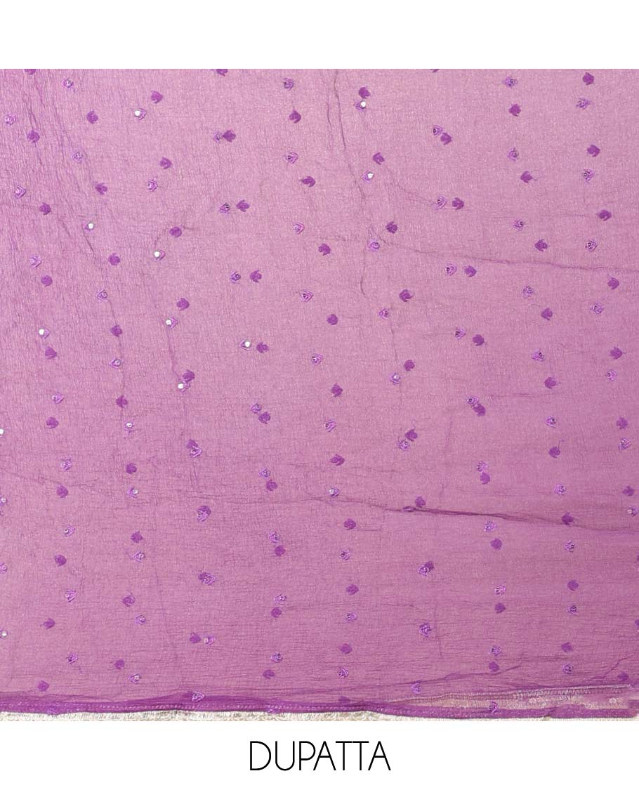 Purple material chudidhar set, floral print & embroidered top, plain bottom & embroidered dupatta