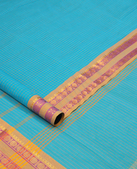 Light blue checked nine yards cotton saree with traditional zari design border & checked pallu