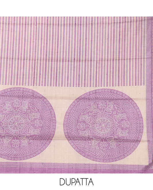 Purple semi-tussar material chudidar set, stripes & bandhani-style dotted motifs printed top & dupatta with heathered bottom
