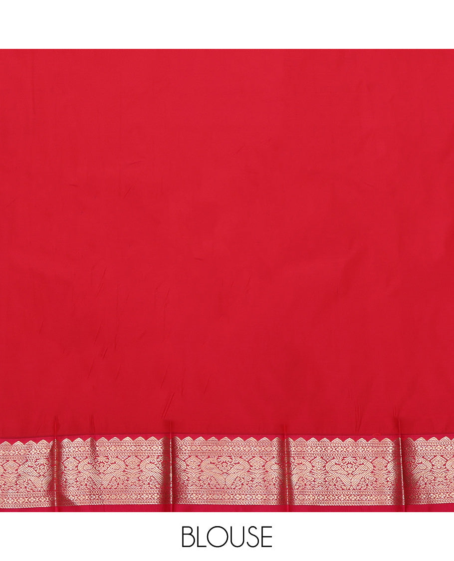 Green Budget Silk Saree, Embellished with Zari Buttas and Stripes on Its Body, Complemented by a Contrast Traditional Zari Design Border, Grand Geometric-Patterned Pallu, and Paired with a Contrast Blouse