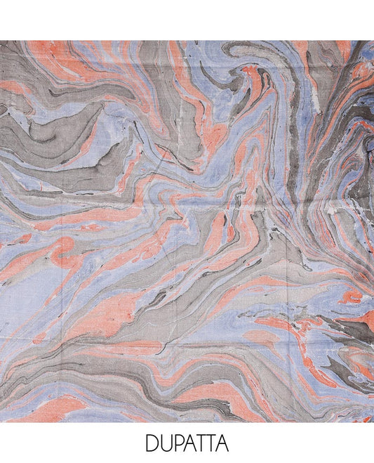 Orange semi-jute cotton material churidar set, abstract marble print top, abstract marble print bottom, and abstract marble print dupatta