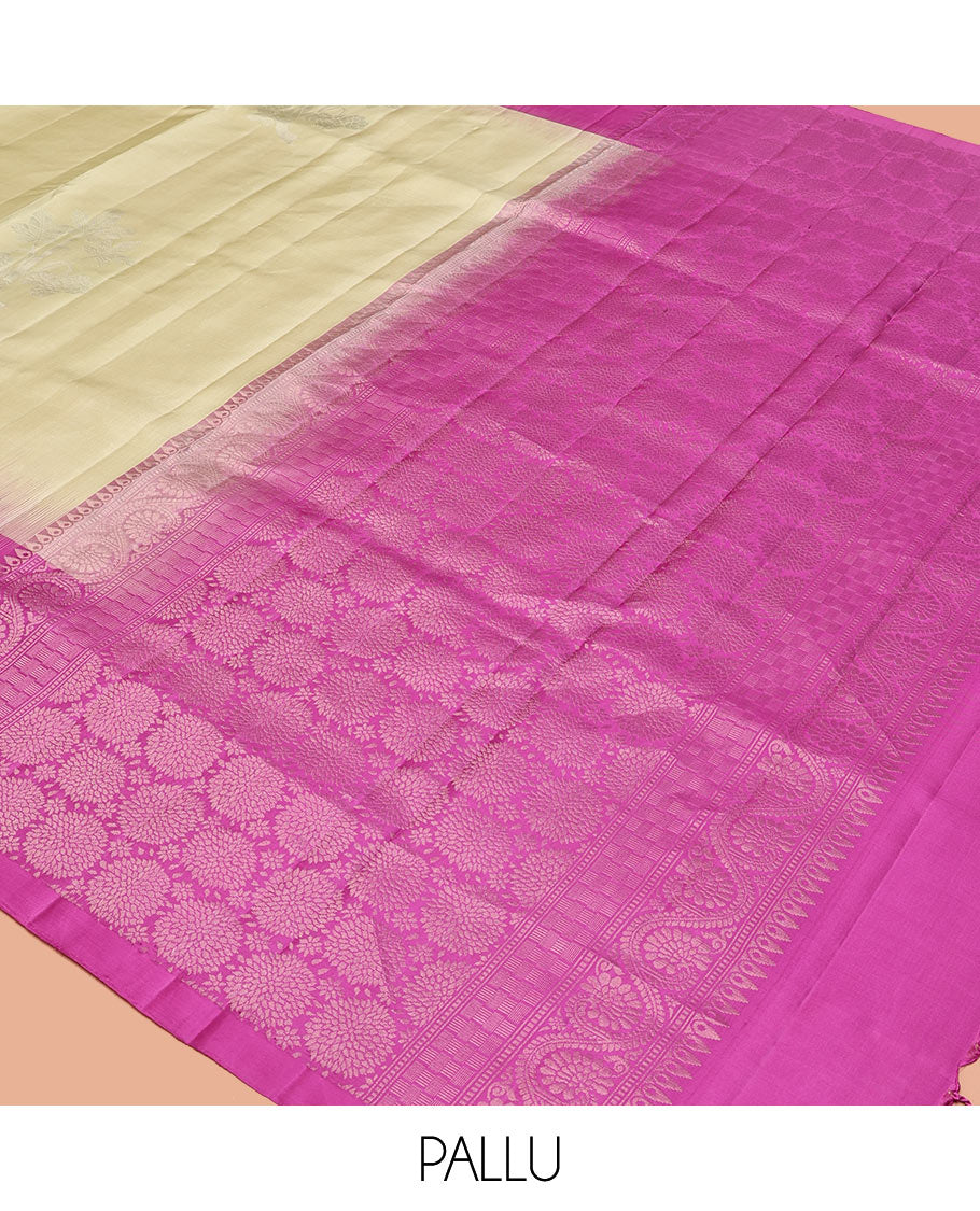 Pale Yellow Mayuri Soft Silk Saree, Finely Crafted with Floral Zari Buttas All Over Its Body, Complemented by Contrast Border of Floral Designs, Intricately Designed Pallu, and Paired with a Contrast Blouse