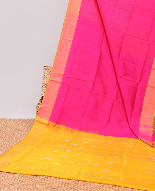 Pink uppada silk saree with contrast plain border & floral buttas pallu