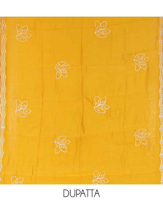 Mustard Mul Chanderi Designer Material Chudidar Set, Meticulously Woven with Big Floral Motifs Embroidered On Its Top, A Plain Santoon Bottom, and Paired with a Mul Chanderi Scallop Thread Embroidered Dupatta
