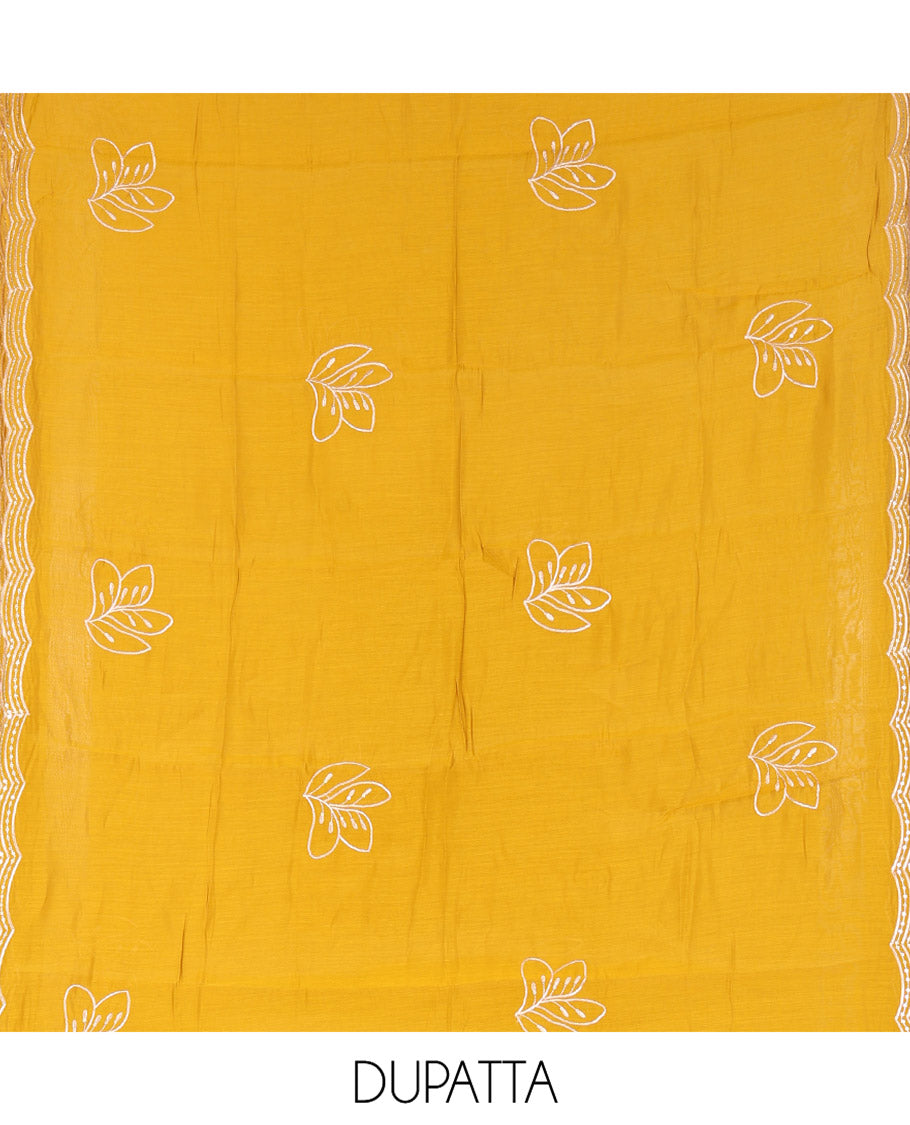 Mustard Mul Chanderi Designer Material Chudidar Set, Meticulously Woven with Big Floral Motifs Embroidered On Its Top, A Plain Santoon Bottom, and Paired with a Mul Chanderi Scallop Thread Embroidered Dupatta