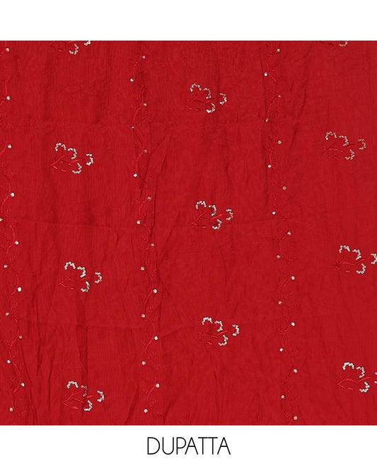 Chilli red material chudidar set, floral print & thread neck embroidered rayon top, matching cotton bottom & sequins embroidered floral dupatta