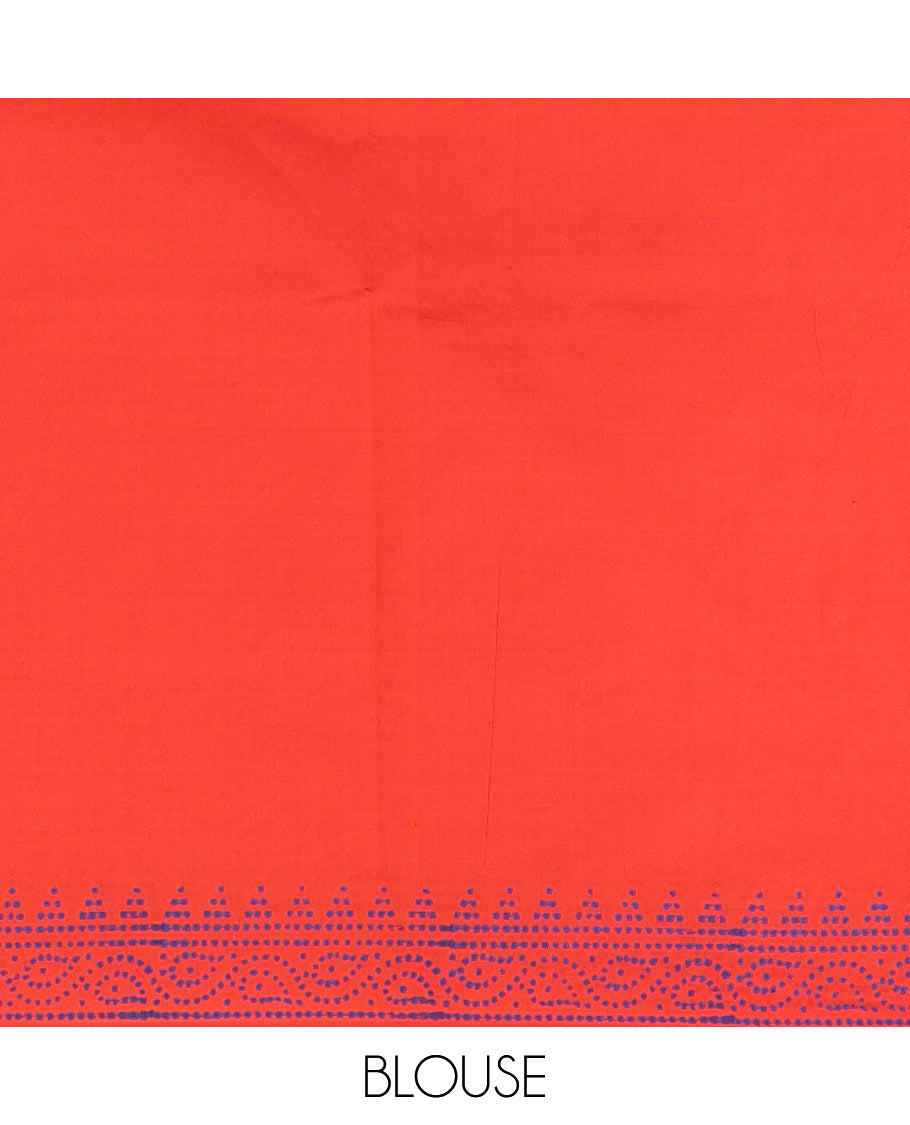 Borderless orange kolam and kathakali motifs printed South cotton saree with a matching blouse, and a contrast floral vine printed blouse