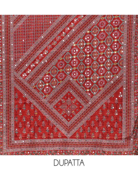 Maroon material chudidar set, floral-theme batik printed with mirror embroidered crepe top, santoon bottom, and Chinon dupatta of print, and mirror embroidery