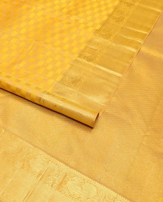 Yellow checkered design silk saree with self border of rekku, banaras, muthu, mayil design & jaal design pallu
