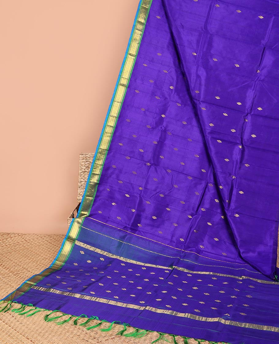 Violet buttas kancheepuram silk saree with contrast border of banaras, jaal design & striped, floral design pallu