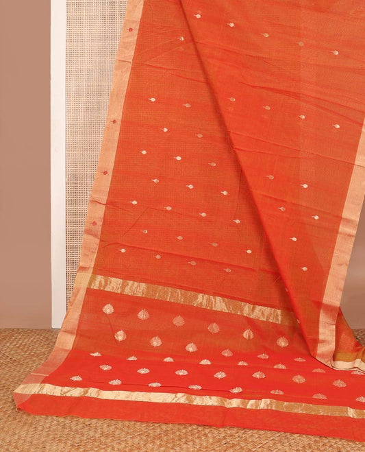 Orange floral motifs chanderi cotton saree with contrast zari design border & striped, floral design pallu