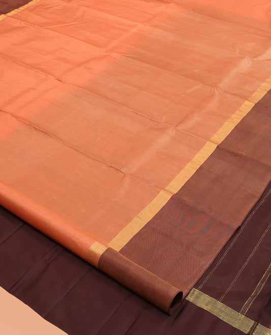 Orange Kanchipuram Silk Saree, Woven with Zari Buttas, Complemented by Contrast Manga-Thazampoo Rekku Border, Pallu of Zari Design, and a Contrast Blouse