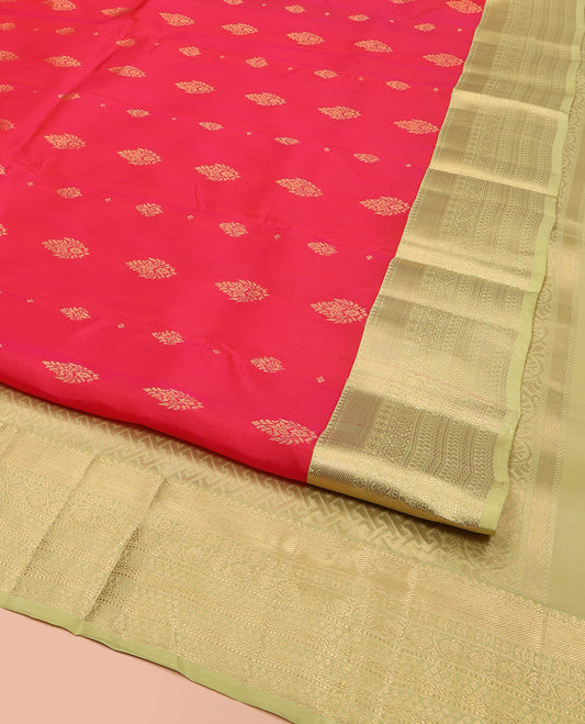 Red Vasundhara Lite Silk Mix Saree, Decked Up with Zari Buttas, Complemented by a Contrast Border of Thilakam, Kamalam, Kodi Visiry, and Neli Designs, Gandly Geometric Patterns Woven Pallu, and Paired with a Contrast Blouse