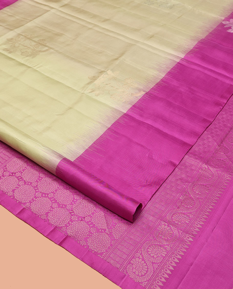 Pale Yellow Mayuri Soft Silk Saree, Finely Crafted with Floral Zari Buttas All Over Its Body, Complemented by Contrast Border of Floral Designs, Intricately Designed Pallu, and Paired with a Contrast Blouse