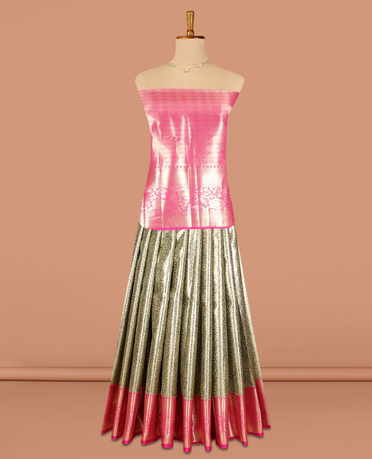 Grey Jacquard Art Silk Pavadai Material, a Contrast Traditional Zari Border, a Contrast Blouse