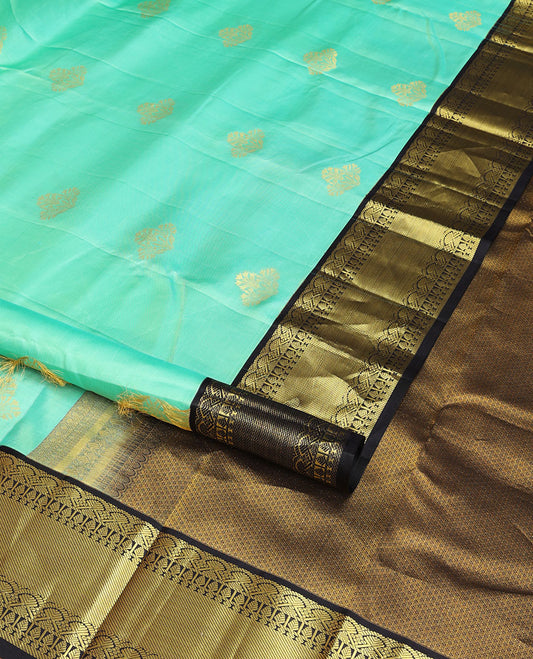 Sea blue floral buttas silk saree with contrast traditional zari design border & checked zari design pallu