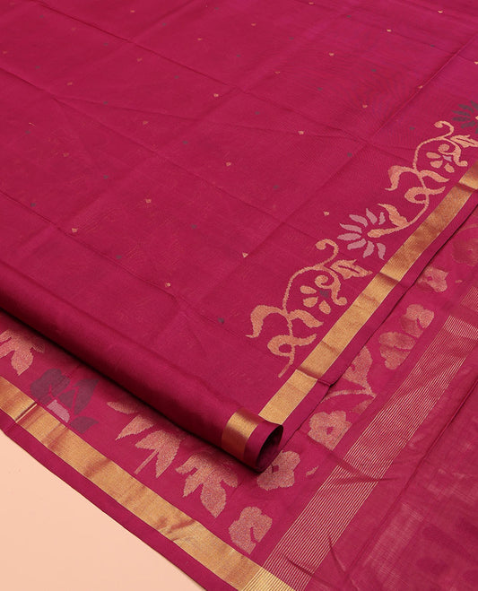 Maroon Uppada Silk Saree, Steeped with Buttas and Jamdani-Style Floral Designs All Over Its Body, Subtle Bavanji Border, Pallu of Jamdani Floral Designs, and Paired with a Matching Blouse