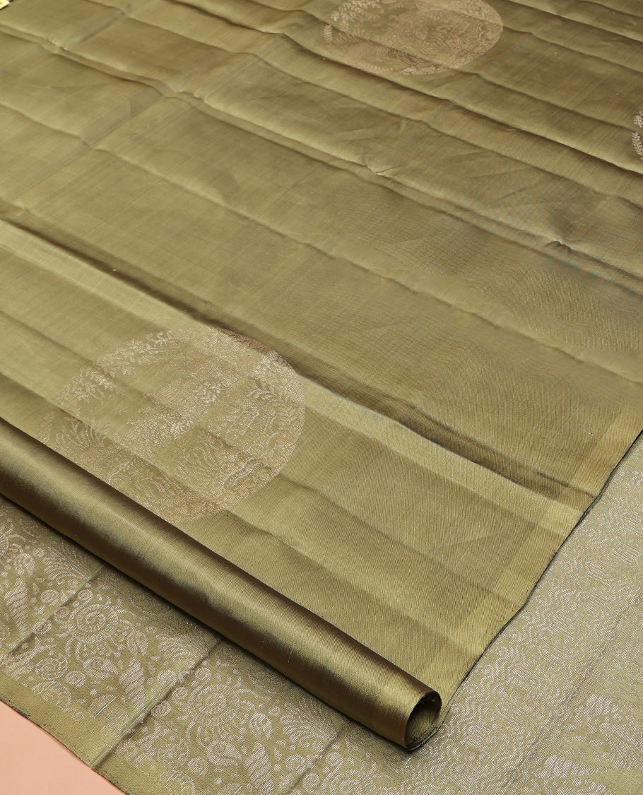 Borderless Pale Green Mayuri Lite Silk Mix Saree, Uniquely Detailed with Round Buttas All Over Its Body, Highlighted by a Self-Pallu of Sea-Themed Designs, and Paired with a Matching Blouse