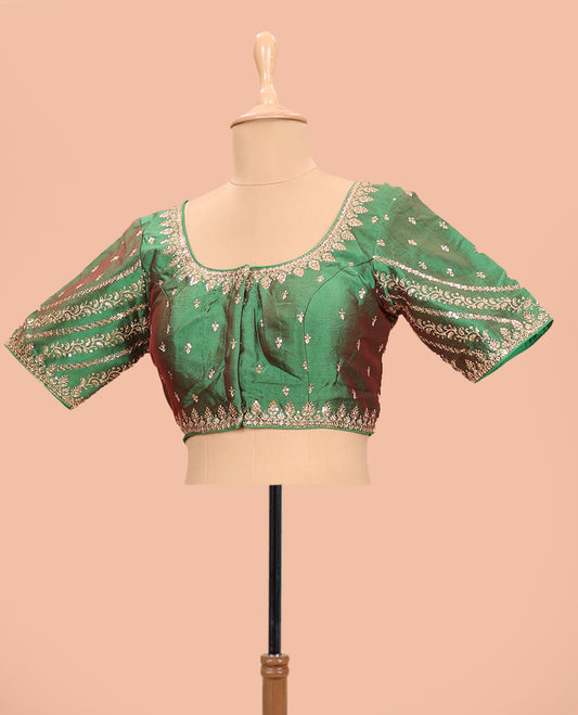 Green dual-tone embroidered round neck with elbow sleeve  raw-silk blouse