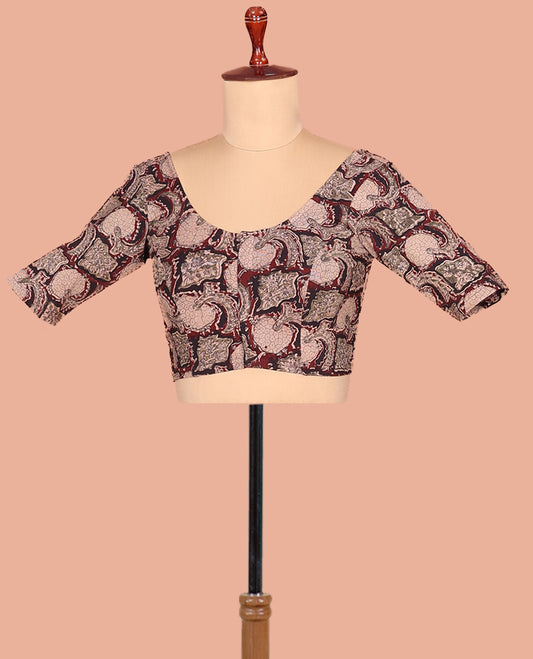 Maroon Cotton Readymade Blouse Subtly Sparked with All-Over Floral Vine Print, Featuring a Front Round-Neck, a Back Round-Neck, and Elbow Sleeves