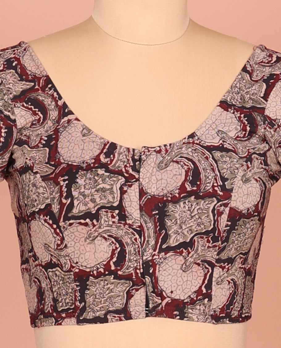 Maroon Cotton Readymade Blouse Subtly Sparked with All-Over Floral Vine Print, Featuring a Front Round-Neck, a Back Round-Neck, and Elbow Sleeves