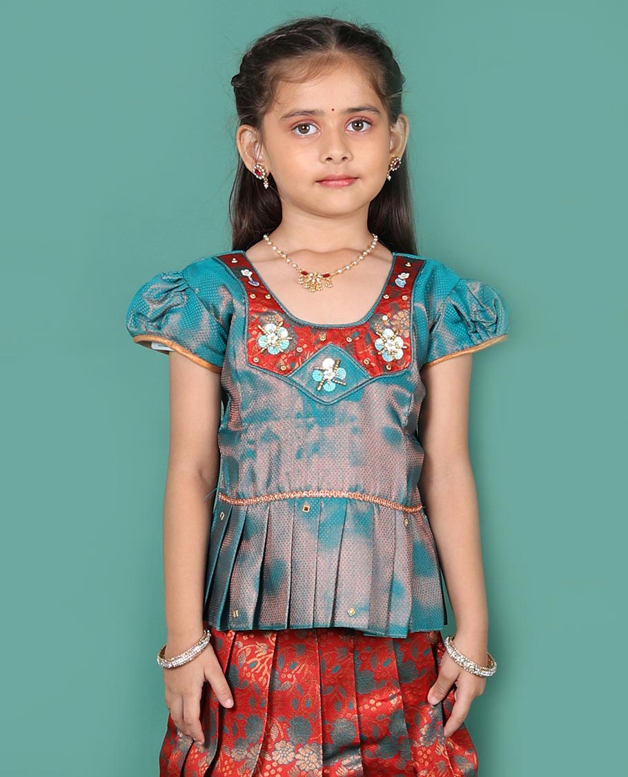 Rust art silk pavadai readymade set, jacquard with contrast traditional zari border skirt, contrast jacquard embroidered round neck puff-sleeve blouse