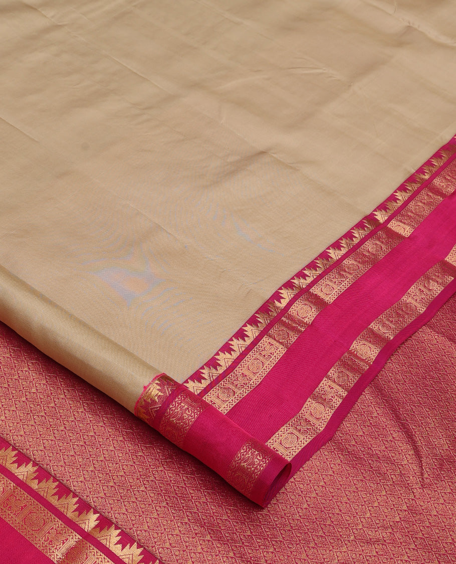 Sandal plain Kanchipuram silk saree, contrast rettai pettu border of thazampoo rekku, neli, chakram, and kuthirai, and jaal pallu