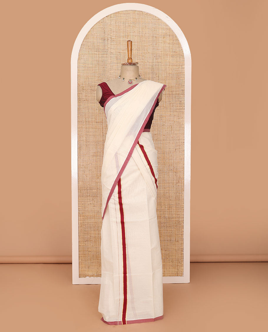 Cream plain Kerala mundu set, contrast red border
