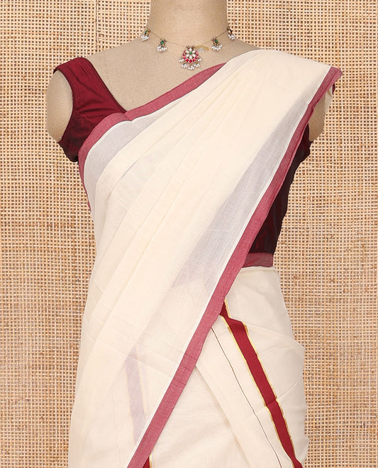 Cream plain Kerala mundu set, contrast red border