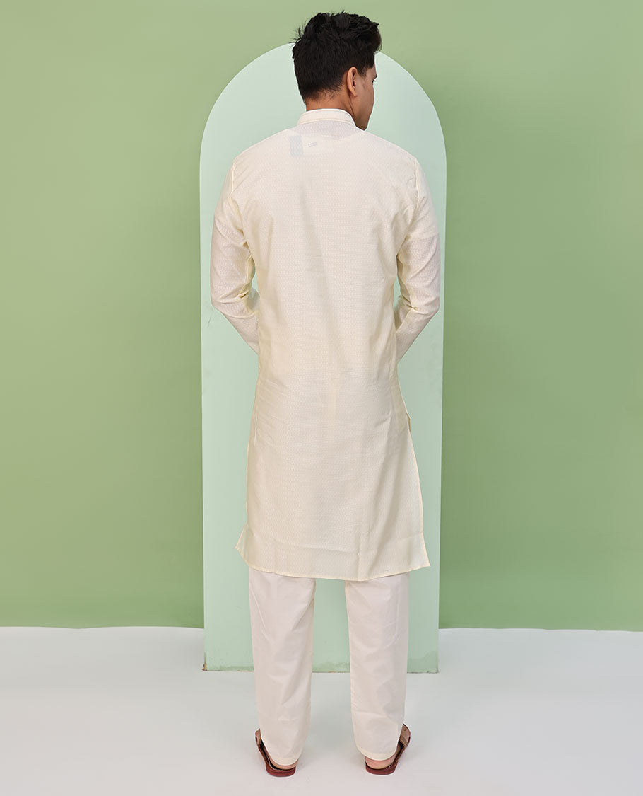 Cream embossed design full-sleeved kurta