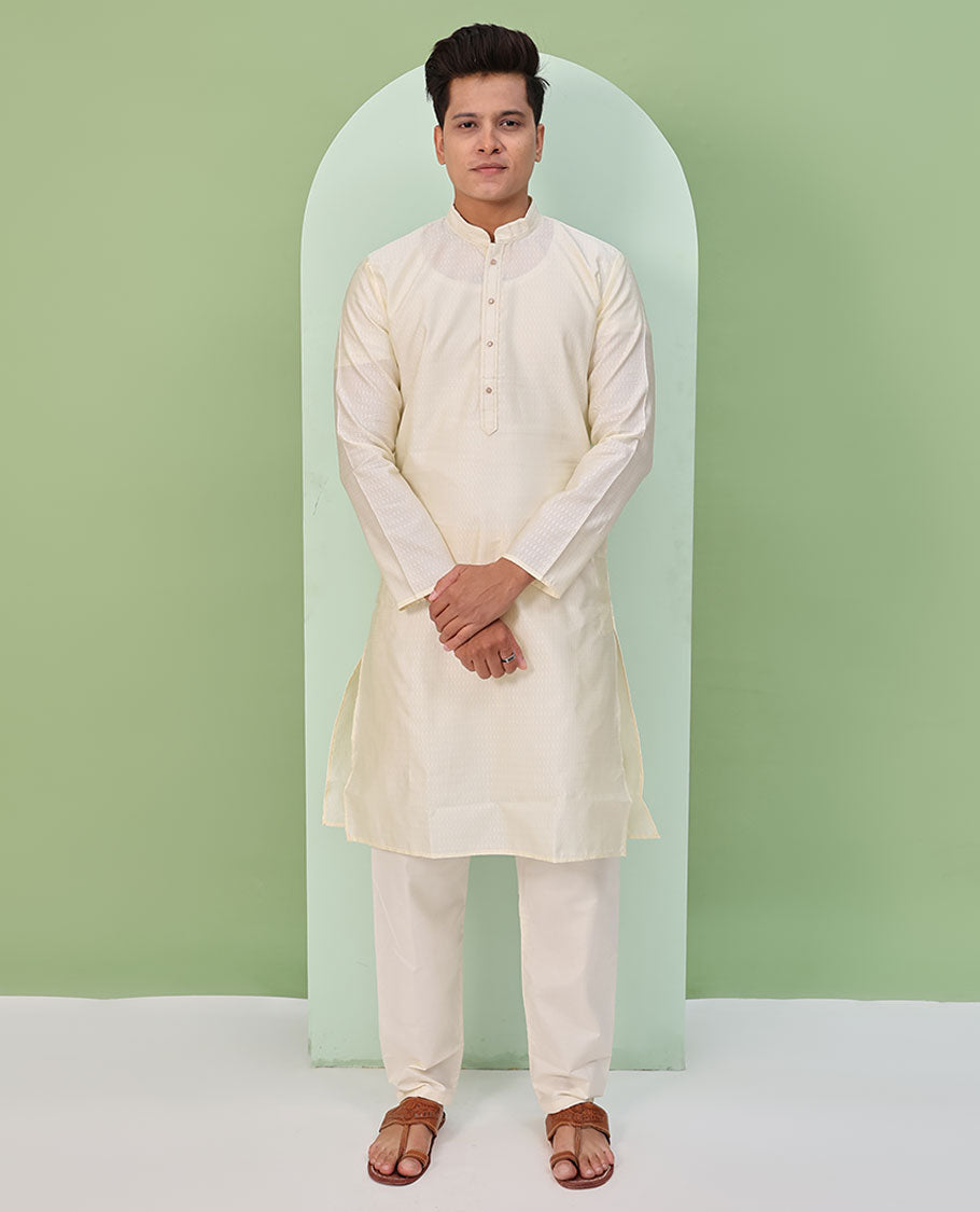 Cream embossed design full-sleeved kurta