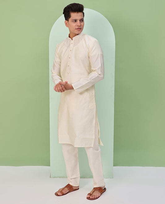 Cream embossed design full-sleeved kurta