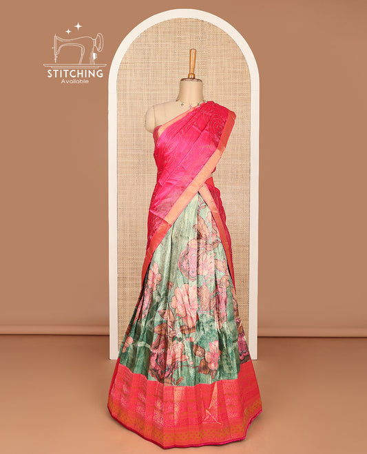 Green floral printed banaras half saree with contrast zari border, zari design blouse & floral zari design dhavani