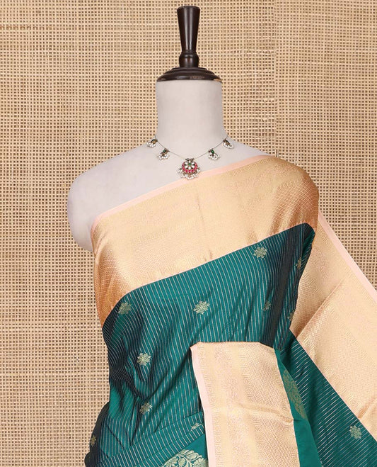 Green Budget Silk Saree, Mesmerized with Zari Buttas and Stripes All Over Its Body, Complemented by a Contrast Traditional Zari Design Border, Intricately Designed Pallu, and Paired with a Contrast Blouse