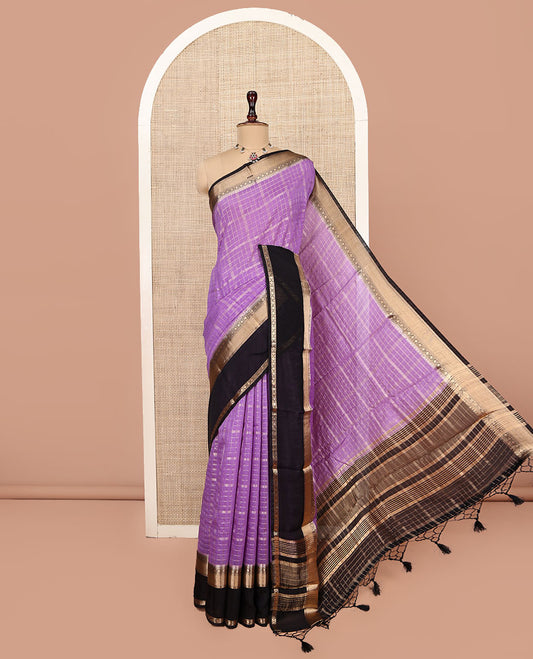 Violet Assam Silk Saree, Enriched with Zari Checks, Complemented by a Contrast Traditional Zari Border, Zari Striped Pallu, and a Contrast Blouse