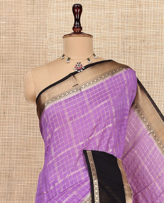 Violet Assam Silk Saree, Enriched with Zari Checks, Complemented by a Contrast Traditional Zari Border, Zari Striped Pallu, and a Contrast Blouse