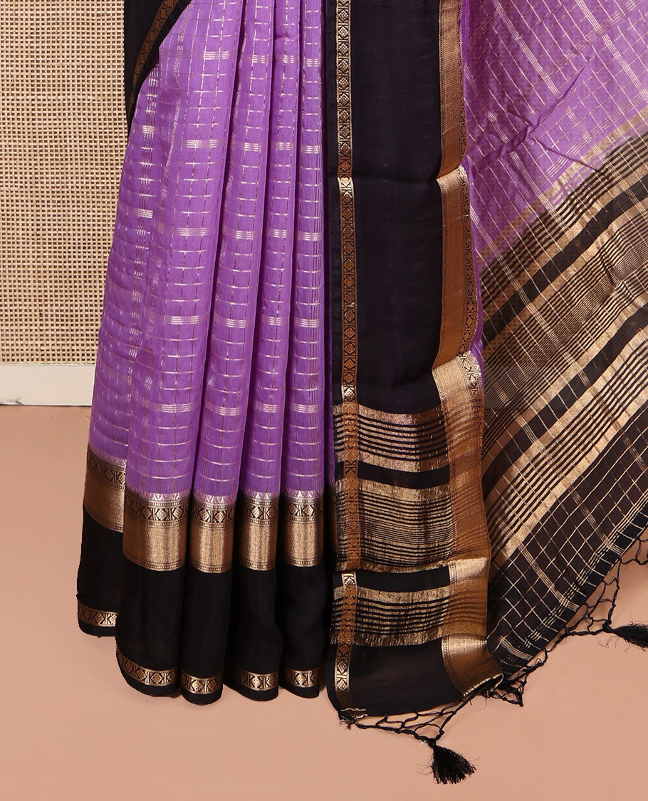 Violet Assam Silk Saree, Enriched with Zari Checks, Complemented by a Contrast Traditional Zari Border, Zari Striped Pallu, and a Contrast Blouse
