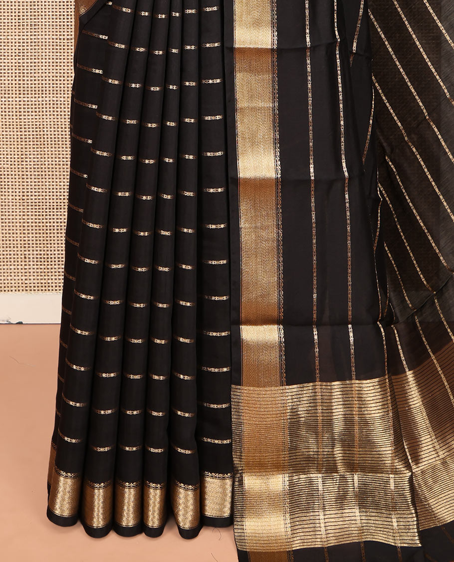 Black Assam Silk Saree, Subtly Enriched with Zari Stripes, Highlighted by a Zari Traditional Border, Zari-Striped Pallu, and a Matching Blouse