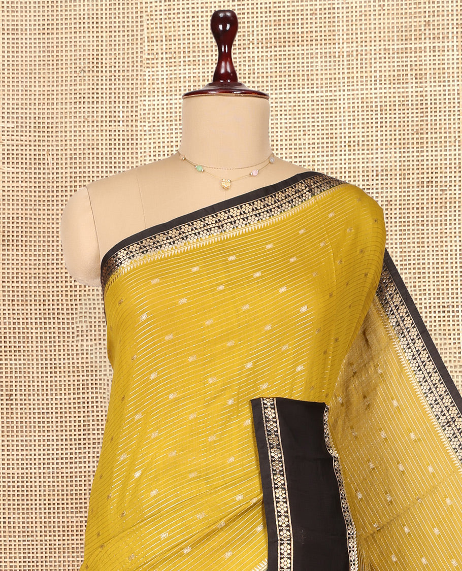 Yellow Assam Silk Saree, Enriched with Zari Buttas and Stripes, Complemented by Contrast Zari Border,  Zari Woven Pallu, and Contrast Blouse