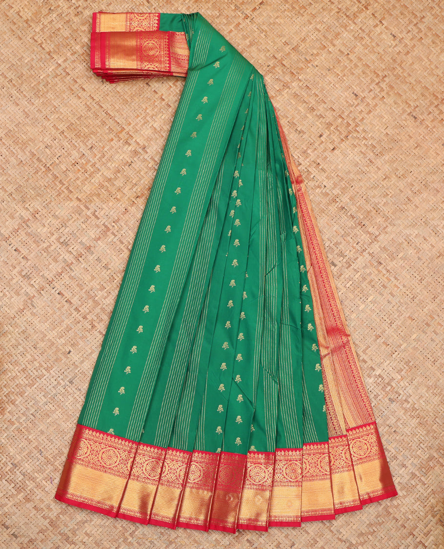 Green Budget Silk Saree, Enthralled with Zari Buttas and Stripes, Complemented by a Contrast Traditional Zari Border, Grand Jaal Pallu, and Contrast Blouse