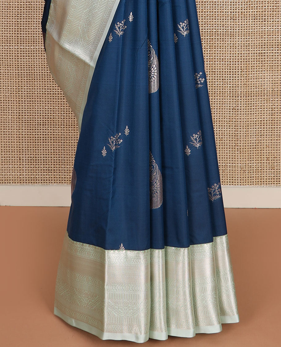 Blue zari buttas gift saree, contrast traditional zari design border, and ogee patterned pallu