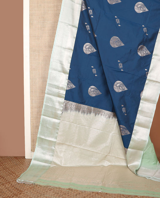 Blue zari buttas gift saree, contrast traditional zari design border, and ogee patterned pallu