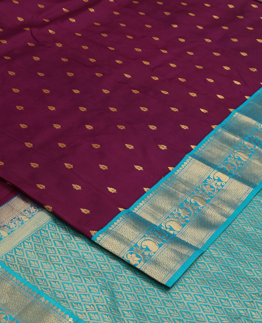 Purple zari buttas Bangalore silk saree, contrast traditional zari design border, and jaal pallu